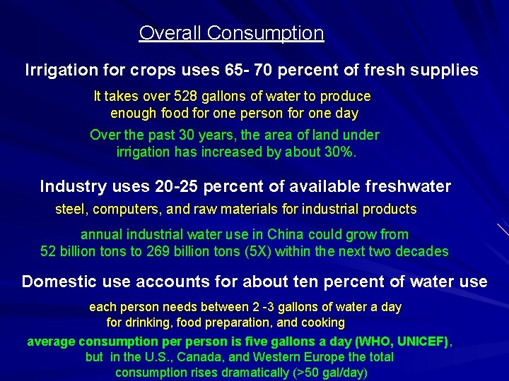 Overall Consumption Irrigation for crops uses 65 - 70 percent of fresh supplies It