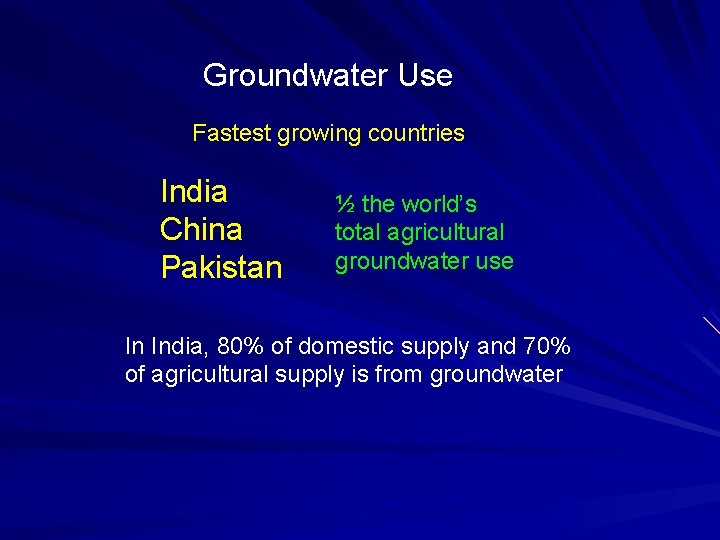 Groundwater Use Fastest growing countries India China Pakistan ½ the world’s total agricultural groundwater