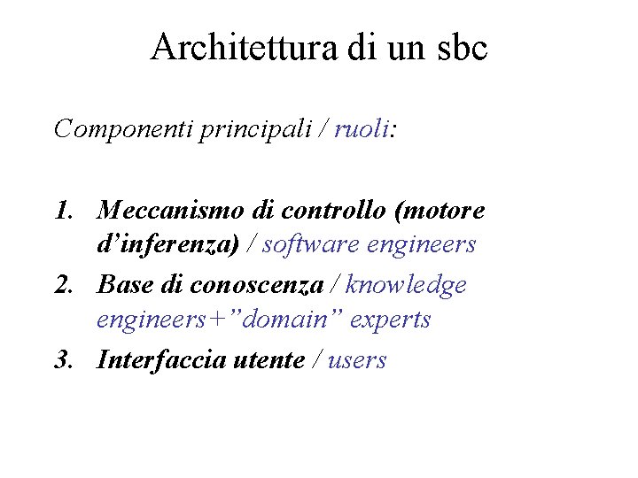 Architettura di un sbc Componenti principali / ruoli: 1. Meccanismo di controllo (motore d’inferenza)