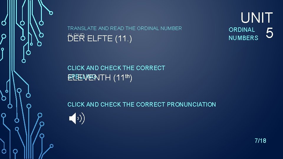 TRANSLATE AND READ THE ORDINAL NUMBER ALOUD : DER ELFTE (11. ) UNIT ORDINAL