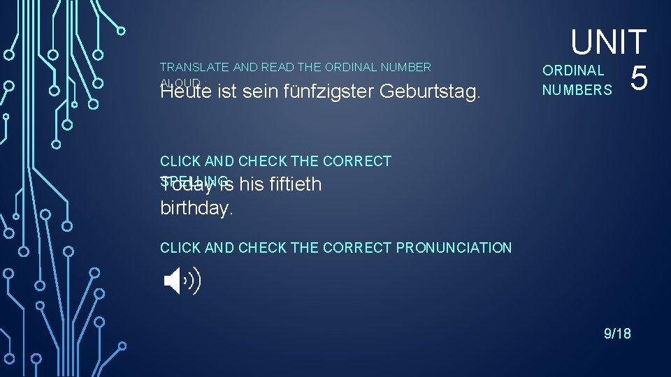 TRANSLATE AND READ THE ORDINAL NUMBER ALOUD : Heute ist sein fünfzigster Geburtstag. UNIT