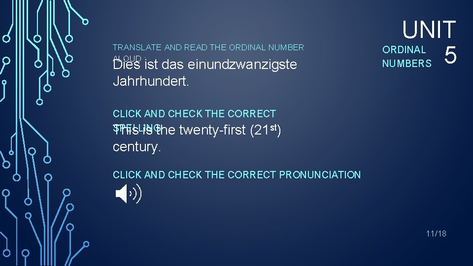 TRANSLATE AND READ THE ORDINAL NUMBER ALOUD : Dies ist das einundzwanzigste Jahrhundert. UNIT