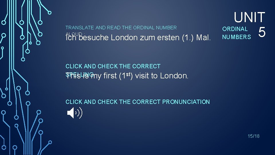 TRANSLATE AND READ THE ORDINAL NUMBER ALOUD : Ich besuche London zum ersten (1.