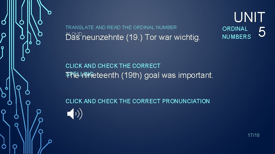 TRANSLATE AND READ THE ORDINAL NUMBER ALOUD : Das neunzehnte (19. ) Tor war TRANSLATE AND READ THE ORDINAL NUMBER ALOUD : Das neunzehnte (19. ) Tor war