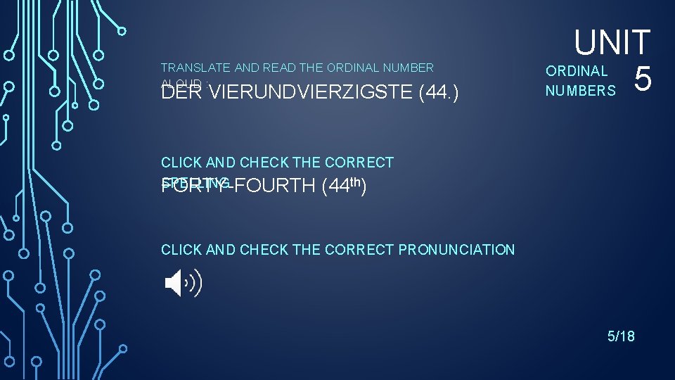 TRANSLATE AND READ THE ORDINAL NUMBER ALOUD : DER VIERUNDVIERZIGSTE (44. ) UNIT ORDINAL