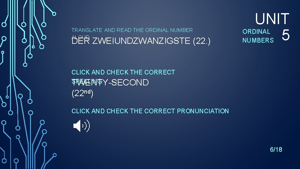TRANSLATE AND READ THE ORDINAL NUMBER ALOUD : DER ZWEIUNDZWANZIGSTE (22. ) UNIT ORDINAL