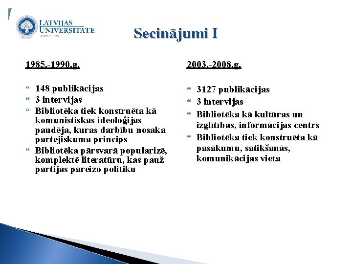 Secinājumi I 1985. -1990. g. 148 publikācijas 3 intervijas Bibliotēka tiek konstruēta kā komunistiskās