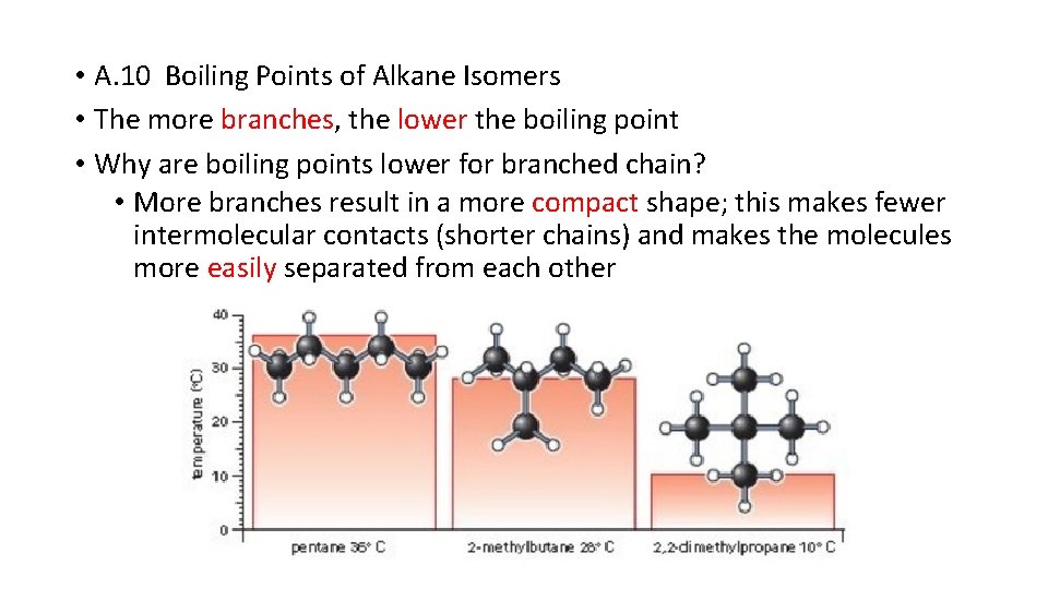  • A. 10 Boiling Points of Alkane Isomers • The more branches, the