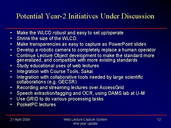 Potential Year-2 Initiatives Under Discussion • • • Make the WLCD robust and easy Potential Year-2 Initiatives Under Discussion • • • Make the WLCD robust and easy