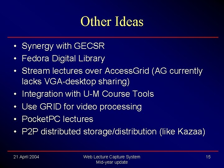 Other Ideas • Synergy with GECSR • Fedora Digital Library • Stream lectures over Other Ideas • Synergy with GECSR • Fedora Digital Library • Stream lectures over