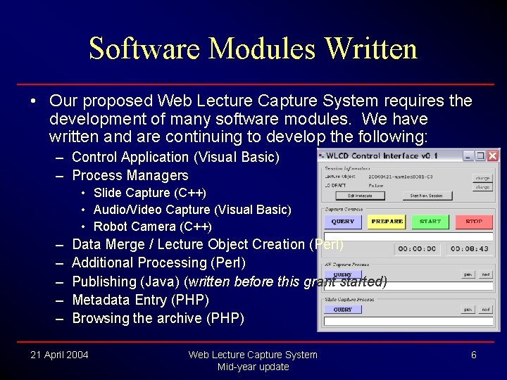 Software Modules Written • Our proposed Web Lecture Capture System requires the development of Software Modules Written • Our proposed Web Lecture Capture System requires the development of