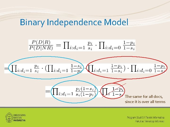 Binary Independence Model The same for all docs, since it is over all terms