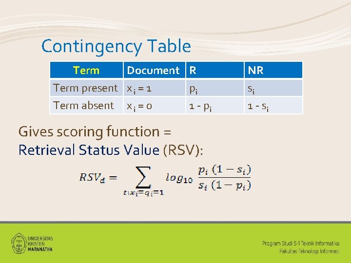 Contingency Table Term Document R Term present x i = 1 pi Term absent