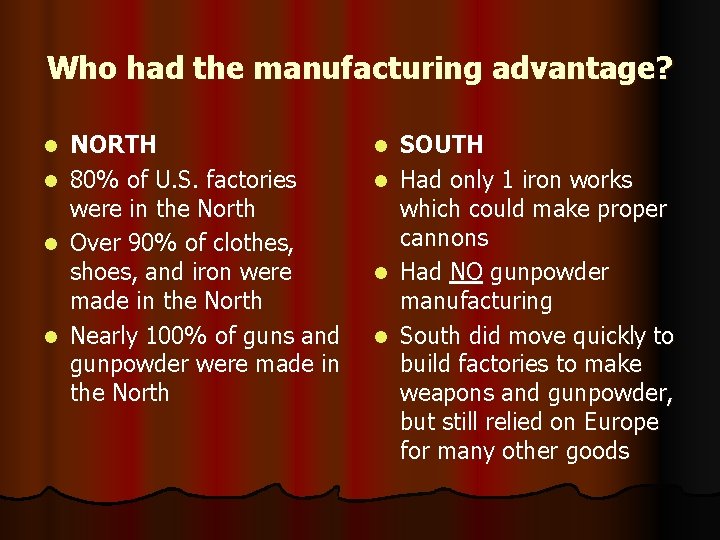 Who had the manufacturing advantage? l l NORTH 80% of U. S. factories were