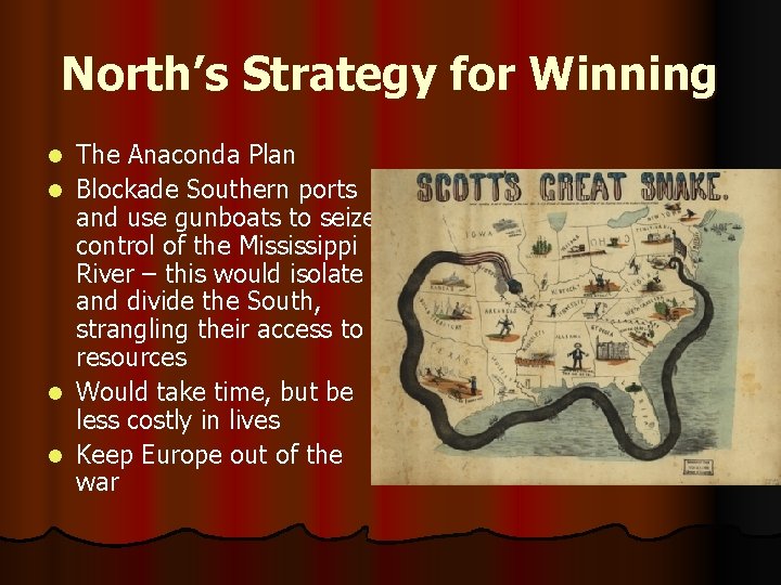 North’s Strategy for Winning l l The Anaconda Plan Blockade Southern ports and use