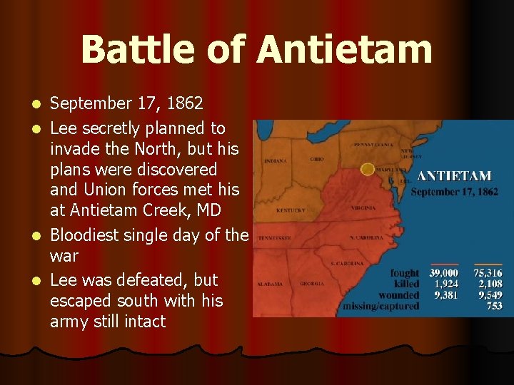 Battle of Antietam September 17, 1862 l Lee secretly planned to invade the North,