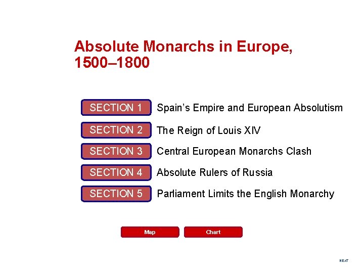 Absolute Monarchs in Europe, 1500– 1800 SECTION 1 Spain’s Empire and European Absolutism SECTION