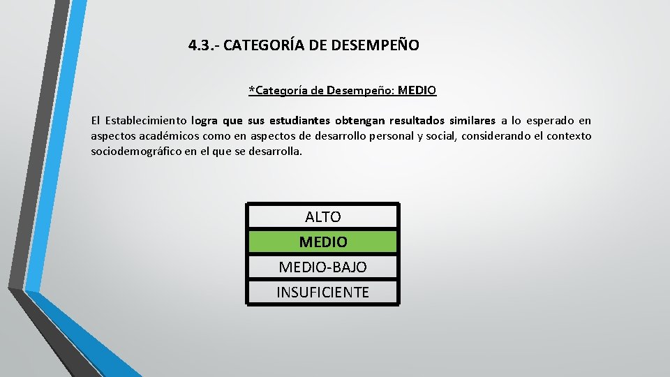 4. 3. - CATEGORÍA DE DESEMPEÑO *Categoría de Desempeño: MEDIO El Establecimiento logra que