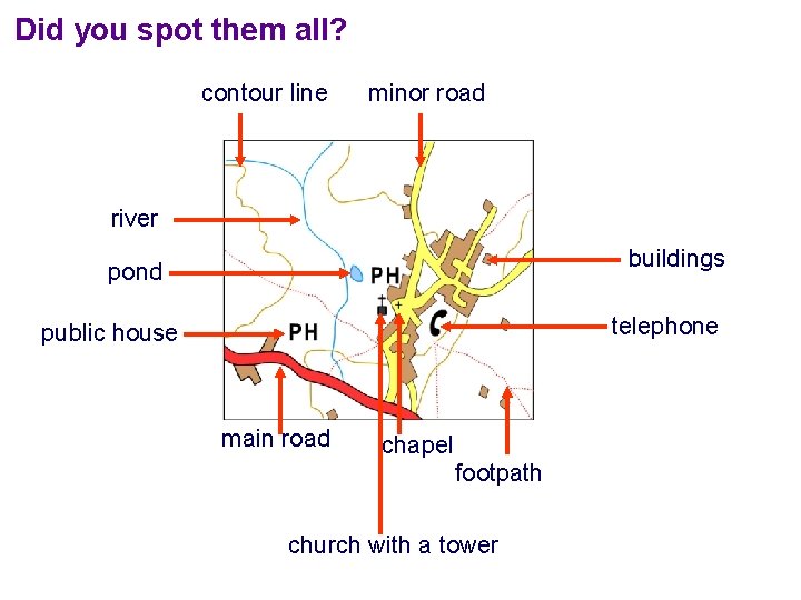 Did you spot them all? contour line minor road river buildings pond telephone public Did you spot them all? contour line minor road river buildings pond telephone public