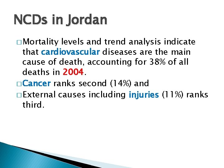 NCDs in Jordan � Mortality levels and trend analysis indicate that cardiovascular diseases are