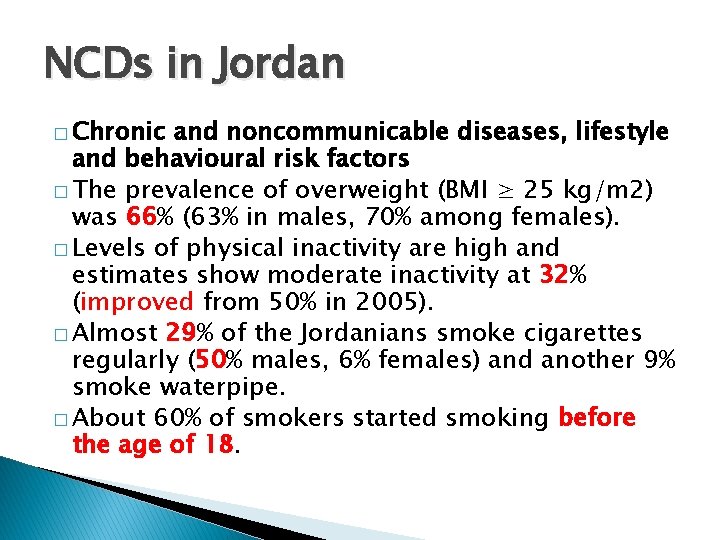 NCDs in Jordan � Chronic and noncommunicable diseases, lifestyle and behavioural risk factors �