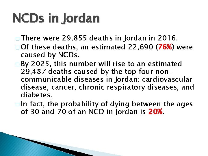 NCDs in Jordan � There were 29, 855 deaths in Jordan in 2016. �