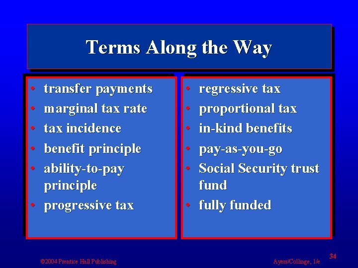 Terms Along the Way • • • transfer payments marginal tax rate tax incidence
