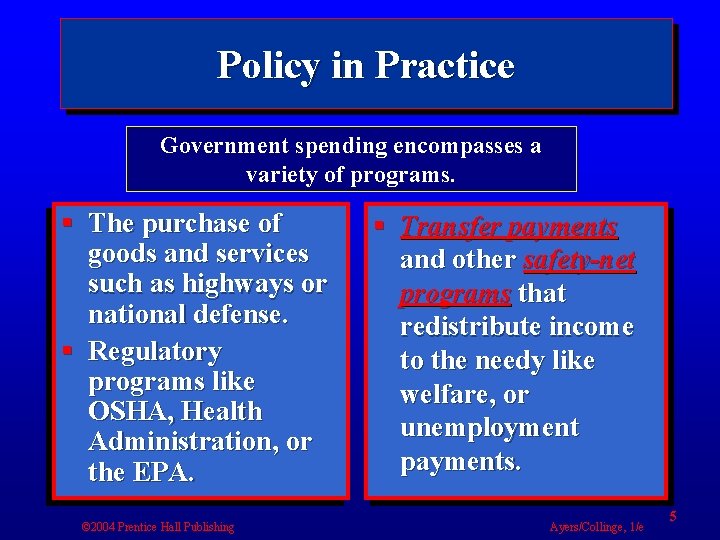 Policy in Practice Government spending encompasses a variety of programs. § The purchase of