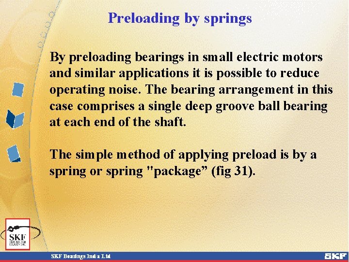Preloading by springs By preloading bearings in small electric motors and similar applications it