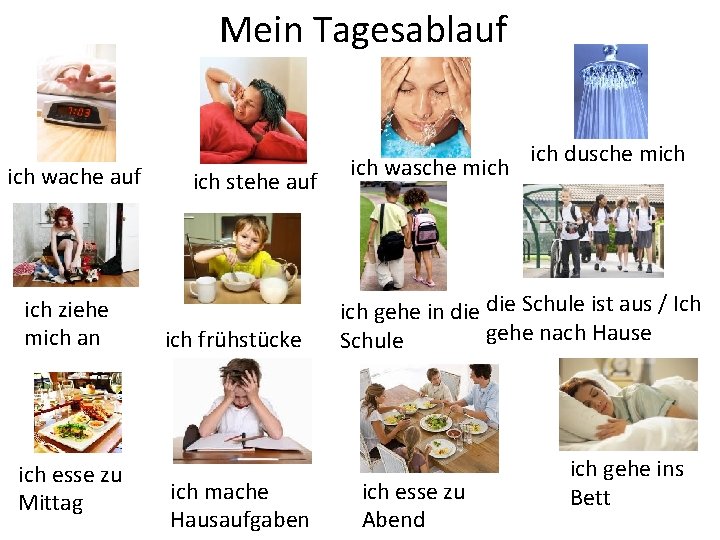 Mein Tagesablauf ich wache auf ich ziehe mich an ich esse zu Mittag ich