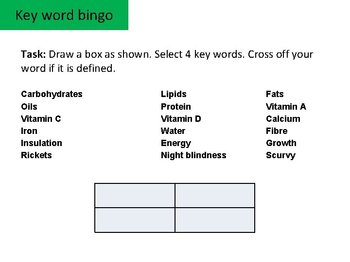 Key word bingo Task: Draw a box as shown. Select 4 key words. Cross