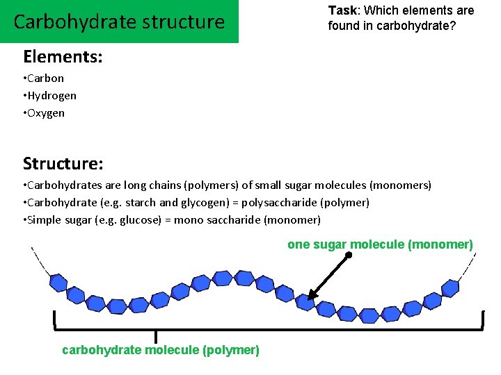 Carbohydrate structure Task: Which elements are found in carbohydrate? Elements: • Carbon • Hydrogen