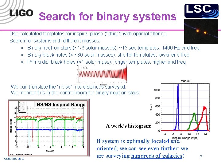 Search for binary systems Use calculated templates for inspiral phase (“chirp”) with optimal filtering.