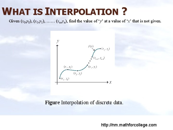 WHAT IS INTERPOLATION ? Given (x 0, y 0), (x 1, y 1), ……