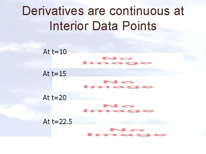 Derivatives are continuous at Interior Data Points At t=10 At t=15 At t=20 At