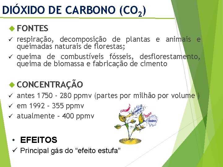 DIÓXIDO DE CARBONO (CO 2) FONTES ü respiração, decomposição de plantas e animais e