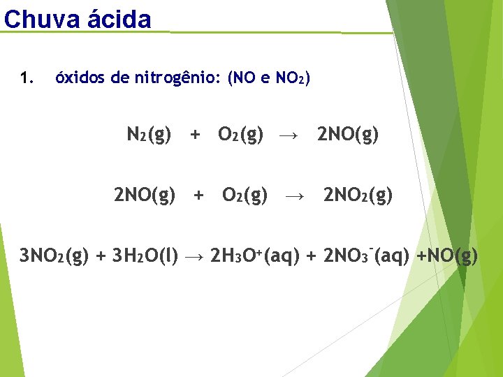 Chuva ácida 1. óxidos de nitrogênio: (NO e NO 2) N 2(g) + O