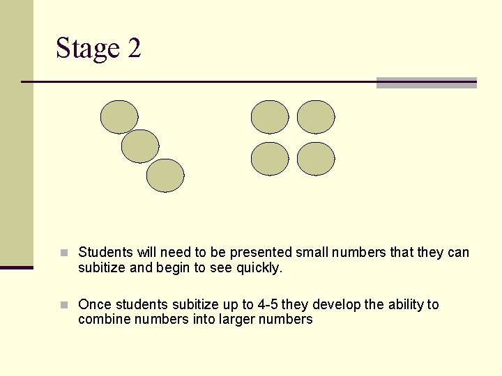 Stage 2 n Students will need to be presented small numbers that they can