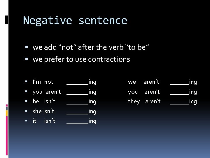 Negative sentence we add “not” after the verb “to be” we prefer to use