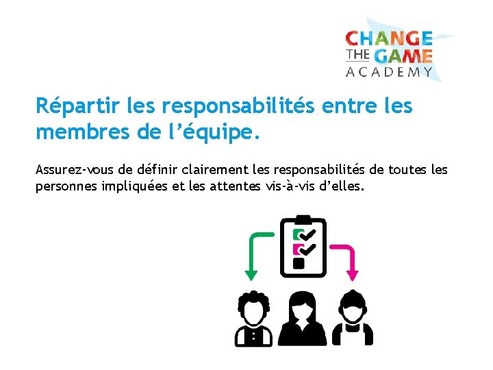 Répartir les responsabilités entre les membres de l’équipe. Assurez-vous de définir clairement les responsabilités