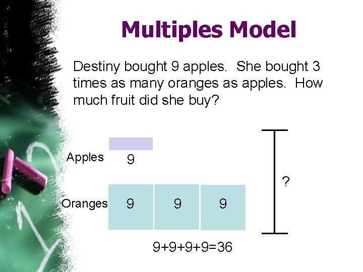 Multiples Model Destiny bought 9 apples. She bought 3 times as many oranges as