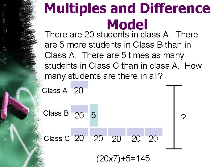 Multiples and Difference Model There are 20 students in class A. There are 5
