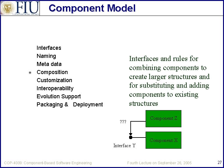 Component Model Interfaces Naming Meta data Composition Customization Interoperability Evolution Support Packaging & Deployment