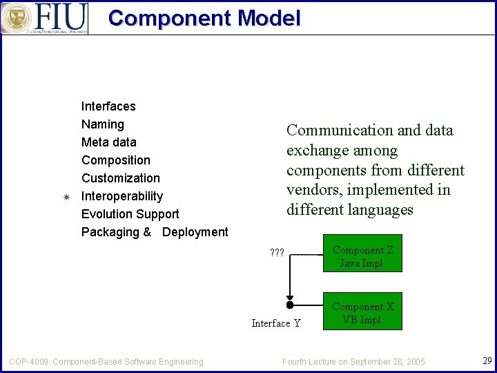 Component Model Interfaces Naming Meta data Composition Customization Interoperability Evolution Support Packaging & Deployment