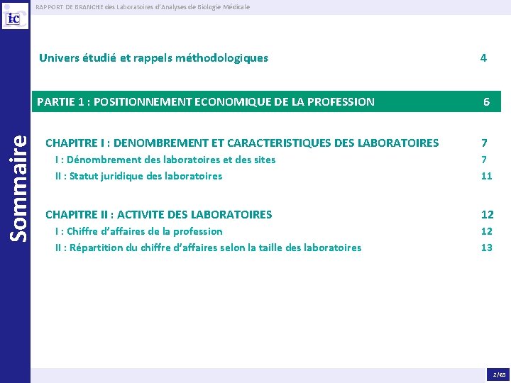 Sommaire RAPPORT DE BRANCHE des Laboratoires d’Analyses de Biologie Médicale Univers étudié et rappels