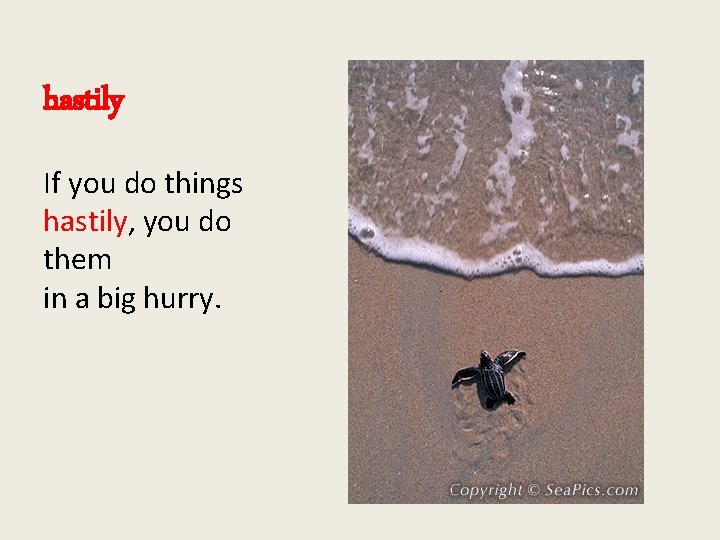 hastily If you do things hastily, you do them in a big hurry. 