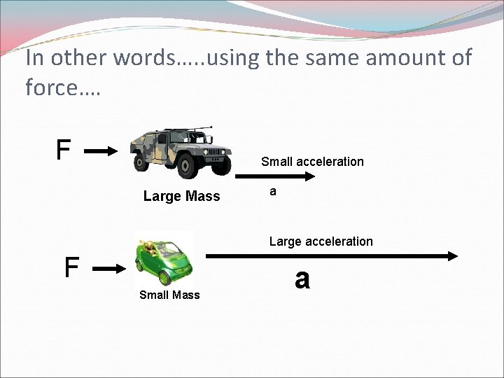In other words…. . using the same amount of force…. F Small acceleration Large