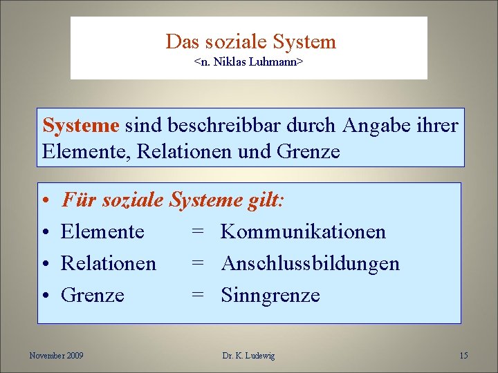 Das soziale System <n. Niklas Luhmann> Systeme sind beschreibbar durch Angabe ihrer Elemente, Relationen