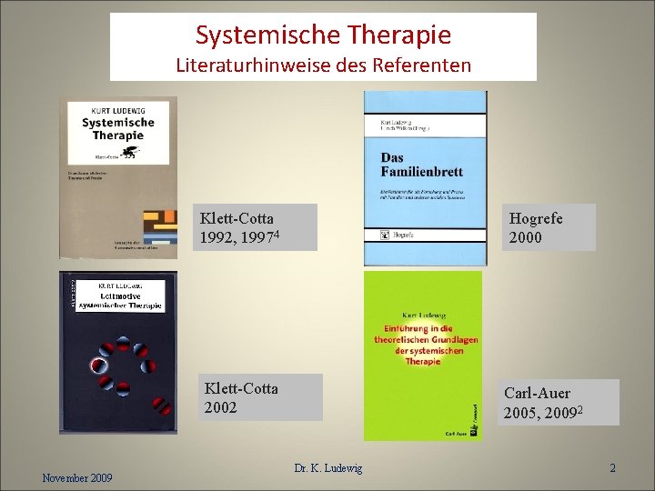 Systemische Therapie Literaturhinweise des Referenten Klett-Cotta 1992, 19974 Hogrefe 2000 Klett-Cotta 2002 November 2009