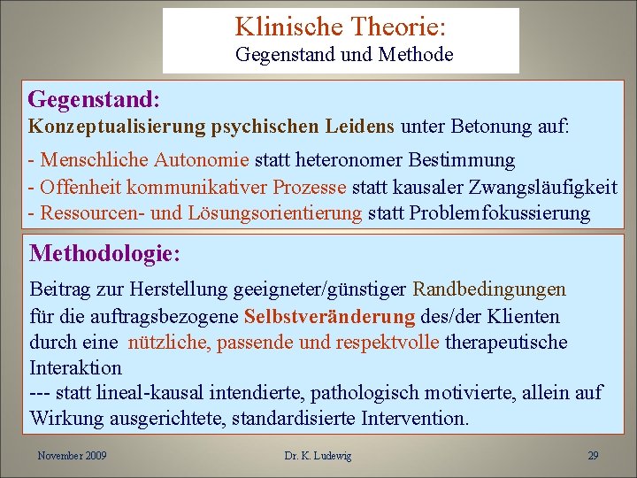 Klinische Theorie: Gegenstand und Methode Gegenstand: Konzeptualisierung psychischen Leidens unter Betonung auf: - Menschliche